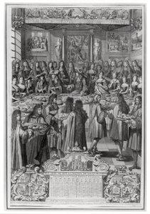 Kolacja Ludwika XIV (1638-1715) w Hotel de ville, 30 stycznia 1687, z kalendarza roku 1688 autorstwa French School
