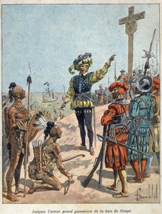 Odkryj Kanadę: Jacques Cartier (1491-1557), francuski nawigator i odkrywca, przejął Zatokę Gaspe i wzniósł krzyż 24 lipca autorstwa French School
