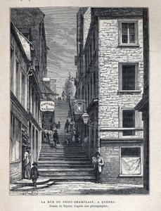 Odkryj Kanadę: Rue du Petit Champlain (Petit-Champlain) w Quebecu. Rysunek Taylora ze zdjęcia. Rycina z końca XIX wieku w „La nouvelle France” autorstwa Eugene