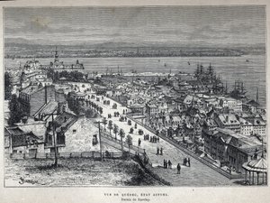 Odkryj Kanadę: widok na miasto Quebec pod koniec XIX wieku. Barclay rysunek. Rycina z końca XIX wieku w „La nouvelle France” autorstwa Eugene