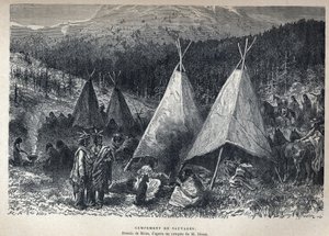 Odkryta Kanada: American Indian Camp z tipi. Rysunek autorstwa Riou ze szkicu Dixona. Rycina z końca XIX wieku w „La nouvelle France” autorstwa Eugene