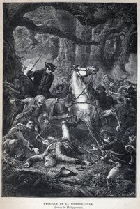 Odkryta Kanada: Bitwa pod Monongahela w 1755 roku podczas wojny siedmioletniej. Rysunek Philippoteaux. Rycina z końca XIX wieku w „La nouvelle France” autorstwa Eugene