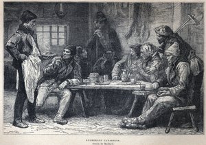 Odkryta Kanada: kanadyjscy loggery. Rysunek Maillarda. Rycina z końca XIX wieku w „La nouvelle France” autorstwa Eugene