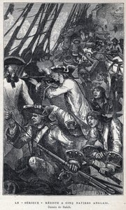 Odkryty z Kanady: Jacques Pierre de Taffanel de la Jonquiere (1685-1752) Francuski oficer marynarki na czele francuskiego statku „Le serieux” oparł się pięciu angielskim statkom. Rysunek autorstwa Sahiba. Grawer z końca XIX wieku w „La nouvelle Fra autorstwa French School