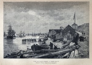 Odkryty z Kanady: port św. Piotra (St. Pierre) do Nowej Fundlandii w Nowej Fundlandii. Rysunek Webera z fotografii. Rycina z końca XIX wieku w „La nouvelle France” autorstwa Eugene