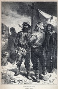 Odkryty z Kanady: coureur des bois (zaangażowany w handel futrami z Indianami). Rysunek Bayarda. Rycina z końca XIX wieku w „La nouvelle France” autorstwa Eugene