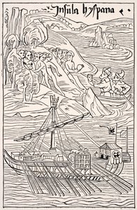 Odkrycie Santo Domingo, Insula Hyspana przez Krzysztofa Kolumba, faksymile drzeworytu Epistola Christoferi Colom, z Science and Literature in The Middle Ages autorstwa Paula Lacroix pub. Londyn 1878 autorstwa French School