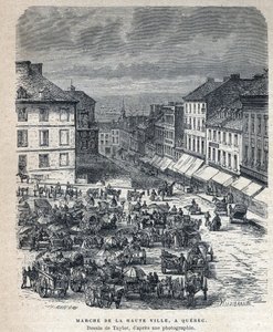 Disouverte du Canada: przemarsz z górnego miasta (Górnego lub Górnego Miasta) do Quebecu. Rysunek Taylora ze zdjęcia. Rycina z końca XIX wieku w „La nouvelle France” autorstwa Eugene