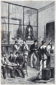 Destylator w Paryżu w XIX wieku - Grawer w „Nauki udostępnione dla wszystkich - fizyka i chemia” Alexisa Clerca - Koniec XIX wieku - Kolekcja prywatna autorstwa French School