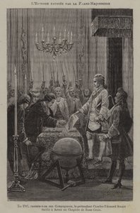Wypaczanie historii przez masonów: rzekome ustanowienie kapituły różokrzyżowców przez pretendenta Charlesa Edwarda Stuarta w Arras w 1747 (rycina) autorstwa French School
