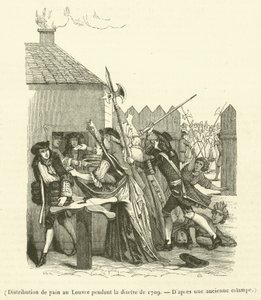 Dystrybucja chleba w Luwrze podczas niedoboru żywności w 1709 r. (rycina) autorstwa French School