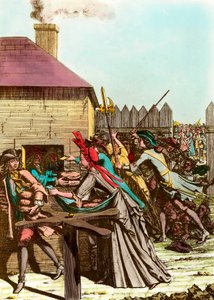 Dystrybucja chleba królewskiego w Luwrze w 1709 roku po Wielkiej Zimie, która spowodowała wzrost cen zbóż i wielki głód. Rycina z końca XVIII wieku. Prywatna kolekcja autorstwa French School