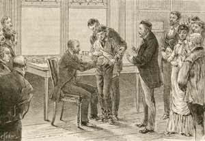 Doktor Pasteur badający chłopca zarażonego wścieklizną. XIX wiek (grawerunek) autorstwa French School