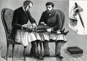 Lekarze badający oczy dziecka i wstrzykujący krople do oczu (grawerunek) 1888 autorstwa French School