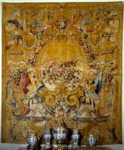 Znak na drzwi gondoli królewskiej. Jedwabny gobelin wykonany w pracowni Louisa Duponta według tektury Jeana Lemoyne dit Le Lorrain. Około 1682-1685. Paryż. Muzeum w Luwrze autorstwa French School