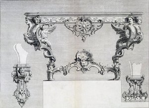 Podwójnie rozgałęziony świecznik z elementami rokoko i klasyki, z księgi wzorów z neoklasycznych projektów metaloplastyki skomponowanej przez Duhamela, ok. 1770-80 autorstwa French School