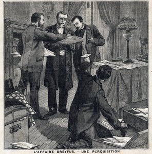 Sprawa Dreyfusa: Trzech funkcjonariuszy w cywilu i komisarz policji przeprowadzają przeszukanie domu Georgesa Picquarta (1854-1914). W „”Le Peute Parisien”” w dniu 5/12/1897. Prywatna kolekcja autorstwa French School
