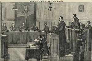 Sprawa Dreyfusa w 1898 r.: przesłuchanie Rady Wojennej: proces komandora Esterhazego. Grawer w „Le petit parisien” z 1898 r. autorstwa French School