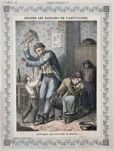 Pijak terroryzujący rodzinę, okładka szkolnego zeszytu. ok. 1900 autorstwa French School
