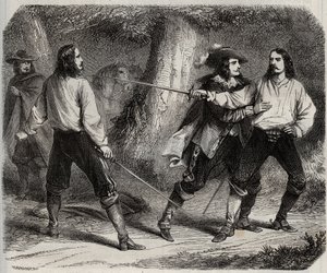 Pojedynek ma miecz między wicehrabią Cahuzac a markizem Gesvres, którego królowa Francji Anna Austriaczka jest zakochana, w lasach Vincennes. XVII wiek. Grawer z 1871 r. w „Histoire Des Cocuses Celebres” Henry