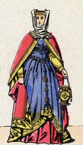 Dynastia Kapetów: Portret Izabeli Aragońskiej (1247-1271), królowej Francji, żony Filipa III zwanego Hardi (1245-1285). Obrazowanie epinal z końca XIX wieku. Prywatna kolekcja. autorstwa French School