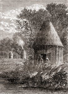 Wczesne domy galijskie, okrągła kabina z otworem w dachu, aby umożliwić ucieczkę dymu z ognia, z „Les Merveilles de la Science”, opublikowana ok. 1870 (rycina) autorstwa French School