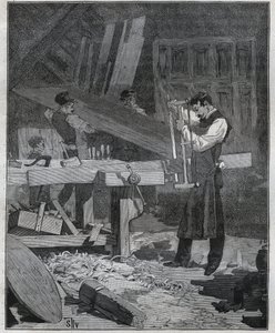 Ebenisterie: ebenist pracownik dzielący deskę w ustalonym. Grawer z 1885 roku w „Les arts et metiers illustres” Adolphe BITARD. autorstwa French School