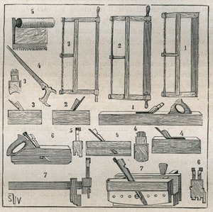 Ebenisterie: zwykłe narzędzia, piły i struganie. Grawer z 1885 roku w „Les arts et metiers illustres” Adolphe BITARD. autorstwa French School