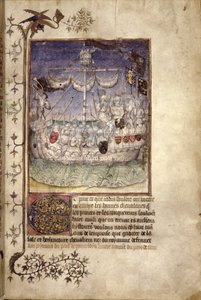 Np. 2709 fol.2 Statek pełen uzbrojonych ludzi z „Le Canarien. Historia podboju Wysp Kanaryjskich, c.1420-30 (welum) autorstwa French School