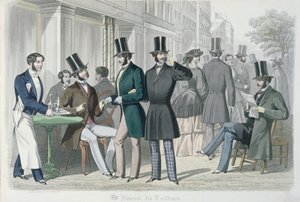 Eleganccy młodzi mężczyźni na tarasie kawiarni, 1857 (kolor grawerowany) autorstwa French School