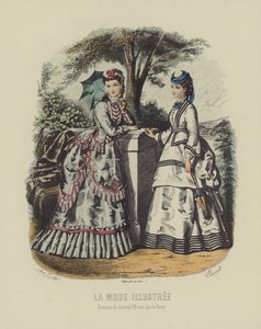 Eleganckie kobiety w sukience z epoki stojące w ogrodzie autorstwa French School