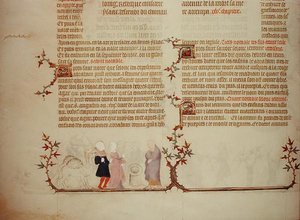 Eliezer przedstawia Rebekę Izaakowi, z „Biblii Jana de Sy”, c.1355 (welum) autorstwa French School