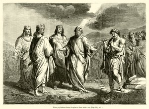 Elizeusz prorokuje przed Jehoszafatem i dwoma innymi królami (rycina) autorstwa French School
