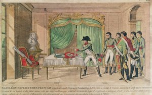 Cesarz Napoleon I kontemplujący miecz Fryderyka Wielkiego pod Poczdamem w 1806 r. (kolorystyka) autorstwa French School