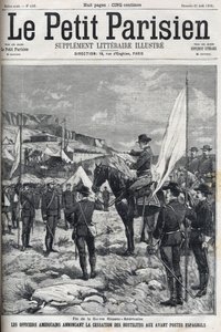 Koniec wojny amerykańsko-hiszpańskiej (American Hispano) w 1898 roku. Amerykańscy oficerowie ogłaszają zaprzestanie działań wojennych na hiszpańskich placówkach. Grawer w „Le petit parisien”” z 1898 r. autorstwa French School