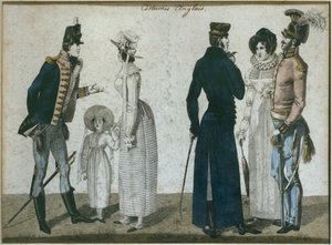 Stroje angielskie, ilustracja z Le Bon Genre, pocz. XIX w. (kolorystyka) autorstwa French School