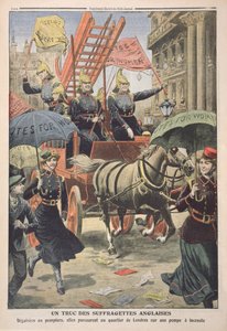 Angielskie sufrażystki przebrane za strażaków, z Le Petit Journal, 3 kwietnia 1910 r.