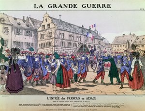 Wkroczenie armii francuskiej do Mulhouse, Alzacja, 9 sierpnia 1914 (kolor lito) autorstwa French School