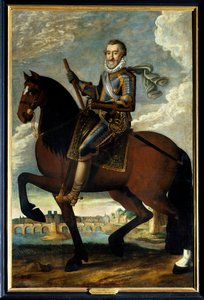 Portret konny Henryka IV (1553-1610) króla Francji przed mostem Pont Neuf w Paryżu. Anonimowy obraz z XVII wieku. Olej na płótnie. Obowiązkowa wzmianka: Sully sur Loire, Chateau de Sully autorstwa French School