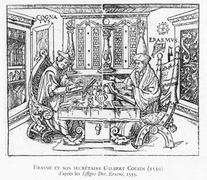Erazm i jego sekretarz Gilbert Cousin (drzewryt) autorstwa French School