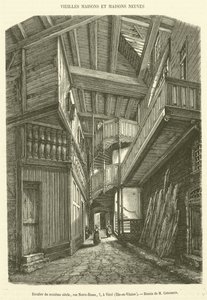 XVI-wieczna klatka schodowa, rue Notre-Dame, 7, w Vitre, Ille-et-Vilaine (grafika) autorstwa French School