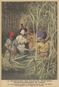 Ustalenie granicy między terytoriami francuskimi i niemieckimi w Kongo (kolor lito) autorstwa French School