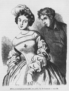 Etienne Lousteau rozmawia z aktorką, ilustracja z „Les Illusions perdues” Honore de Balzac autorstwa French School