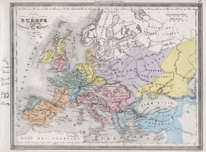 Europa po inwazji barbarzyńców w VI wieku - Tabliczka wydobyta z „”Uniwersalnego Atlasu Geografii Starożytnej i Współczesnej na Użytkowanie Szkół Mieszkalnych”” Vuillemina – ok. 1845 autorstwa French School