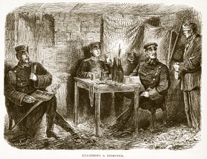 Badanie dezertera, ilustracja z Historii wojny Cassells między Francją a Niemcami, 1870-1871 autorstwa French School