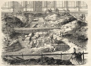 Wykopaliska w Cour Carree du Louvre - Odkrycie fundamentów dawnej wieży Philippe Auguste - Wykopaliska wykonane na dziedzińcu Luwru - aktualizacja fundamentów dawnego Tour Philippe-Auguste - Grawerowanie w „Le monde i autorstwa French School