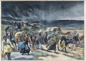 Exodus mieszkańców Fort de France (Fort-de-France) po wybuchu wulkanu de la Montagne Pelee na Martynice. Grawer w „”Le Petro Parisien”” autorstwa French School