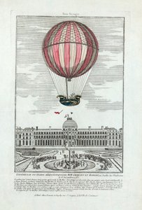 Doświadczenie aerostatycznego globu MM. Charles i Robert w Jardin des Thuileries 1 grudnia 1783, wyd. 1783 (grawerowanie ręcznie kolorowane) autorstwa French School