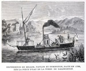 Doświadczenie Millera, Taylora i Symingtona, wykonane w 1789 roku, na wodnym kawałku ziemi Dalswintona - w „Albumie nauki”; wybitni uczeni; Wielkie odkrycia”” 1896. autorstwa French School