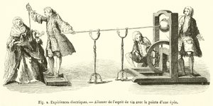 Eksperymenty elektryczne, Rozpalanie ducha wina czubkiem miecza (grawerowanie) autorstwa French School